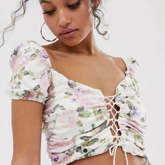 ASOS Floral Lace up Crop Top Size 6 Milkmaid Coquette - Picture 1 of 4